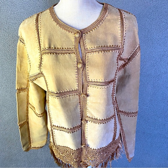 Lisa Intl Vintage Suede Jacket Woman’s L Large Crochet Tan Brown - Picture 1 of 13